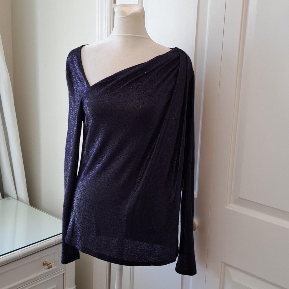Ramy Brook Womens Arsola Glitter Navy Asymmetrical Knit Long Sleeve Blouse SM